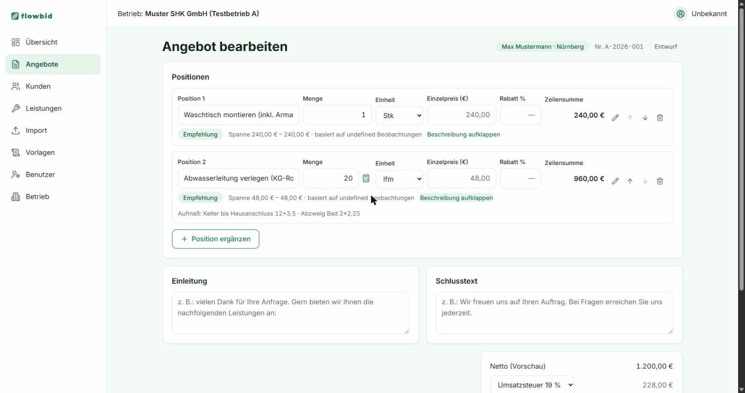 Der Positions-Editor mit einer Positionszeile: Bezeichnung, Menge, Einheit, Einzelpreis, Rabatt und Zeilensumme
