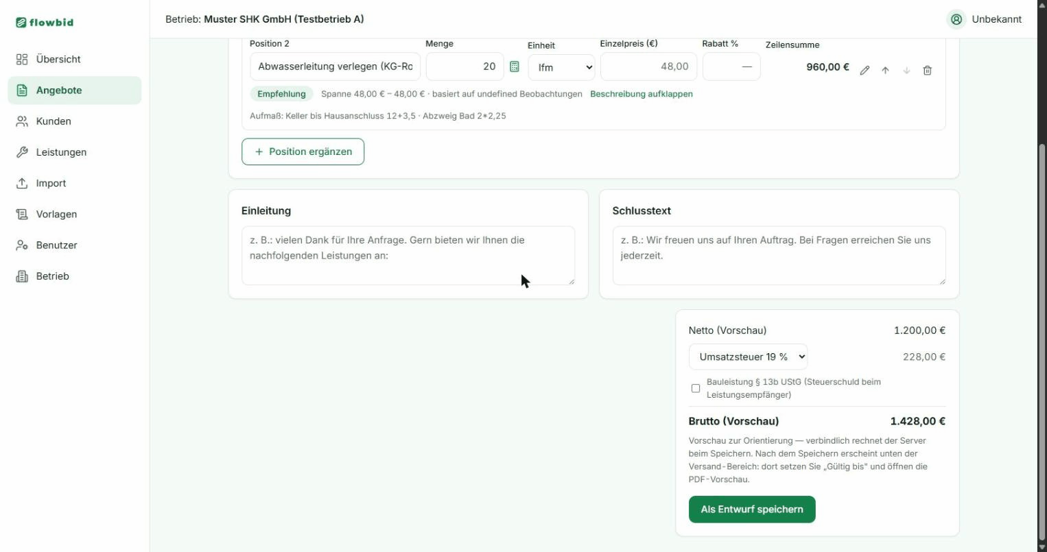 Die Summenkarte mit Netto-Vorschau, Umsatzsteuer-Auswahl, Paragraf-13b-Schalter und Brutto-Vorschau