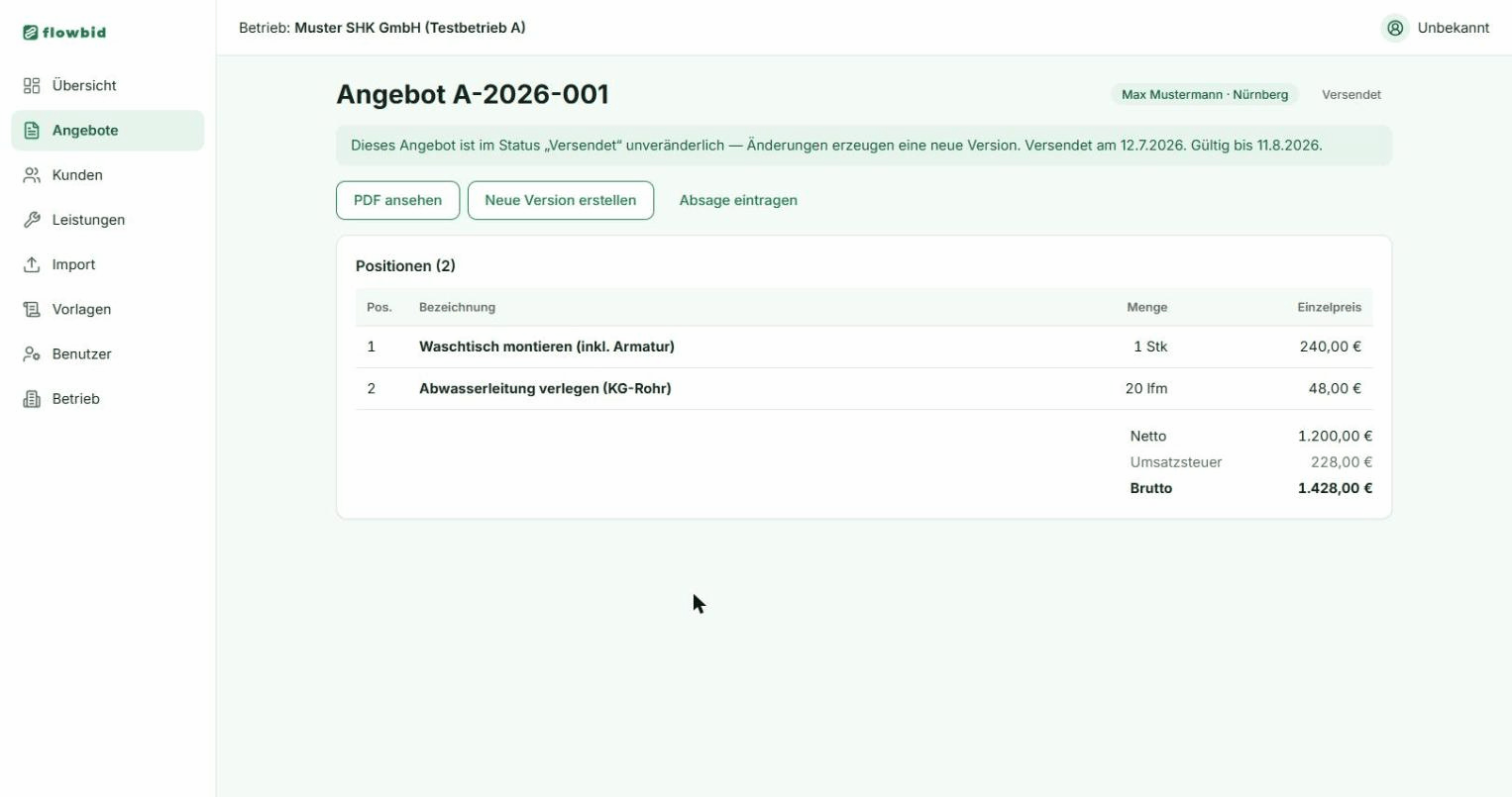 Die Angebotsseite nach dem Versand mit den Knöpfen PDF ansehen, Neue Version erstellen und Absage eintragen