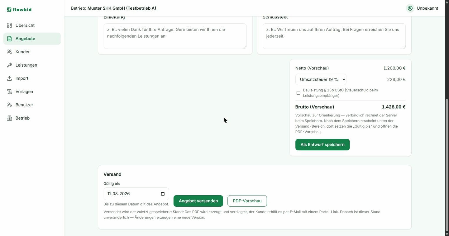 Die Versand-Karte mit dem Feld Gültig bis, dem Knopf Angebot versenden und dem Link PDF-Vorschau