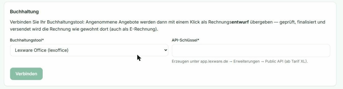 Die Buchhaltungs-Karte auf der Betriebsseite mit Tool-Auswahl und Schlüsselfeld
