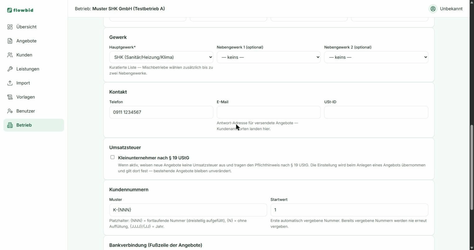 Die Betriebsseite mit den Karten Firmierung und Anschrift, Gewerk, Kontakt, Umsatzsteuer, Kundennummern und Bankverbindung