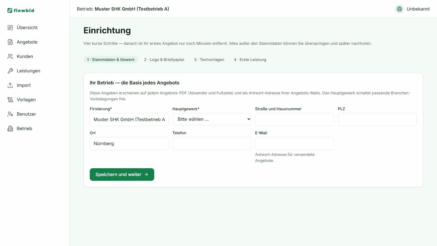 Der Einrichtungsassistent mit den vier Schritten: Stammdaten & Gewerk, Logo & Briefpapier, Textvorlagen, Erste Leistung
