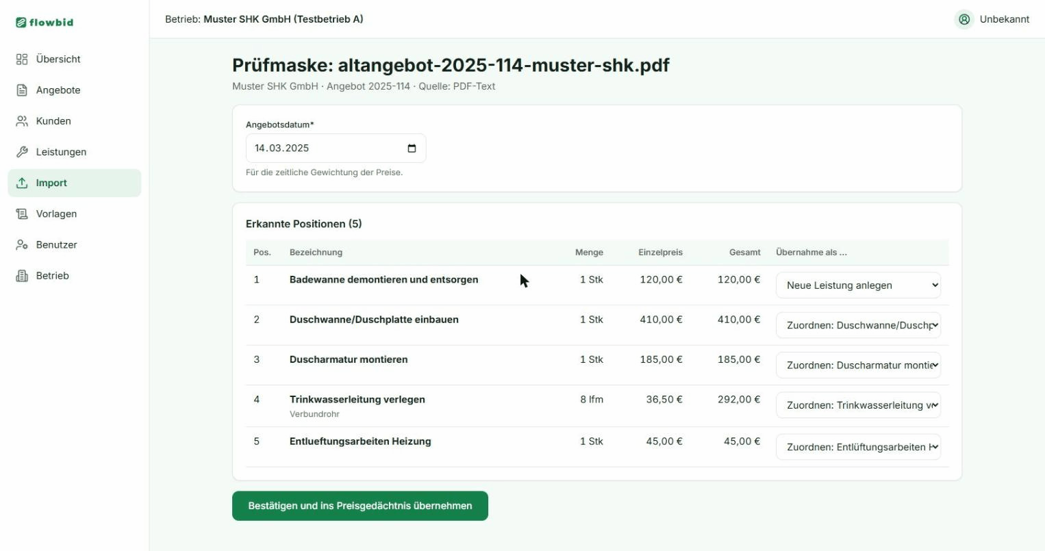 Die Prüfmaske mit erkannten Positionen, Summenabgleich und der Spalte Übernahme als