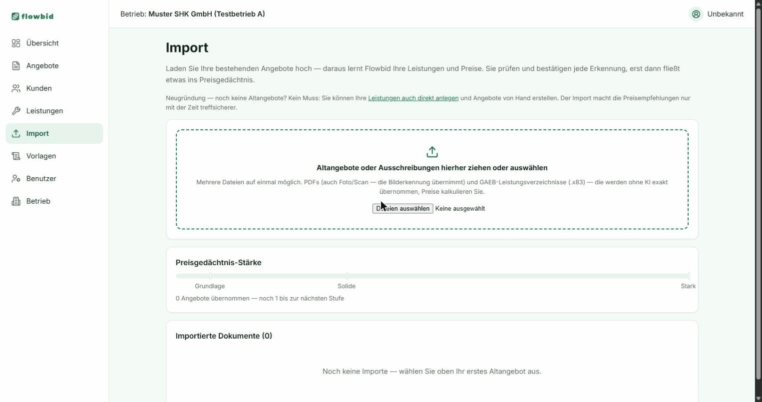 Die Import-Seite mit Ablagezone, Preisgedächtnis-Stärke und der Tabelle importierter Dokumente