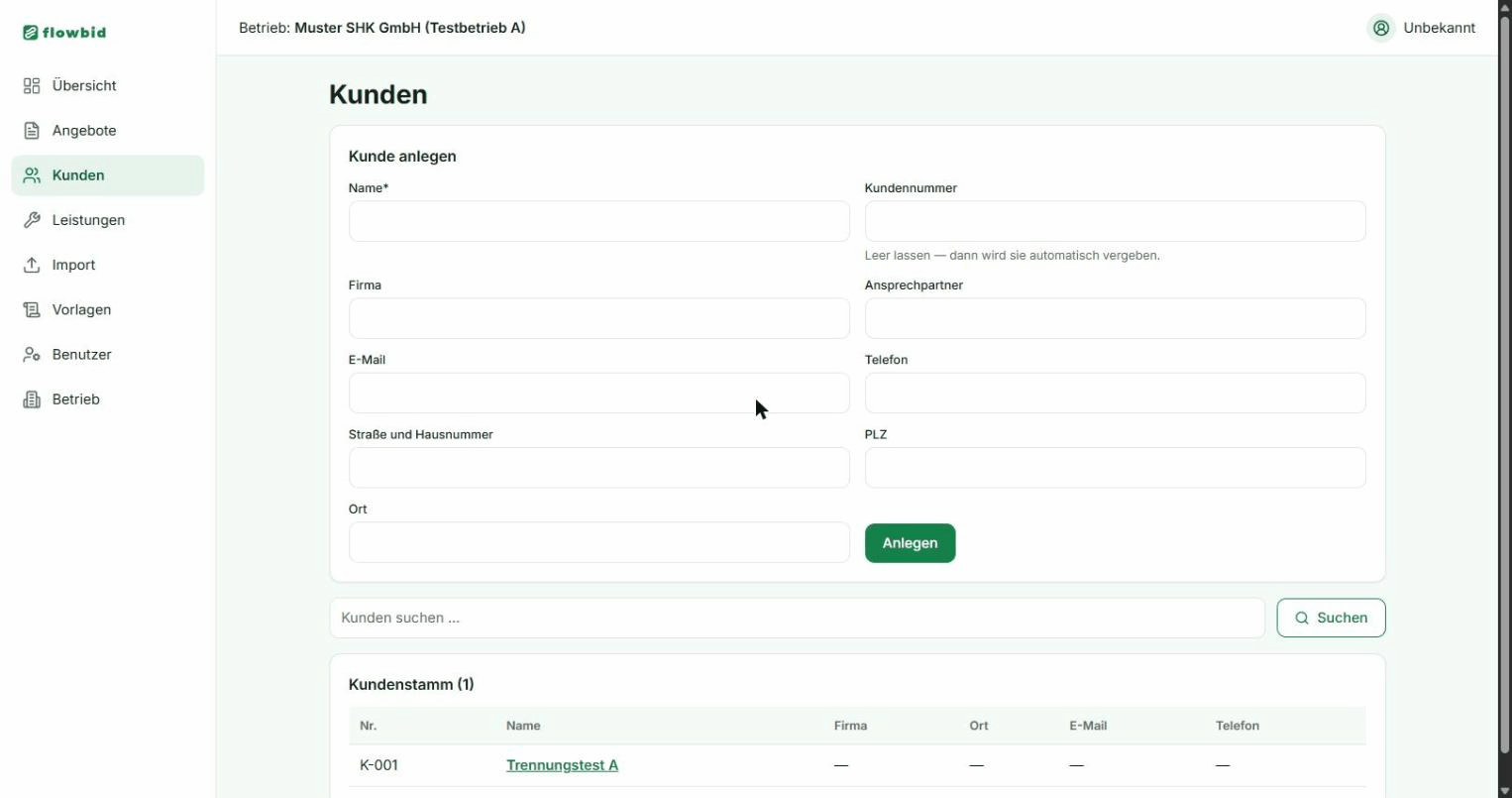 Die Kundenseite mit der Karte Kunde anlegen und dem Kundenstamm als Tabelle