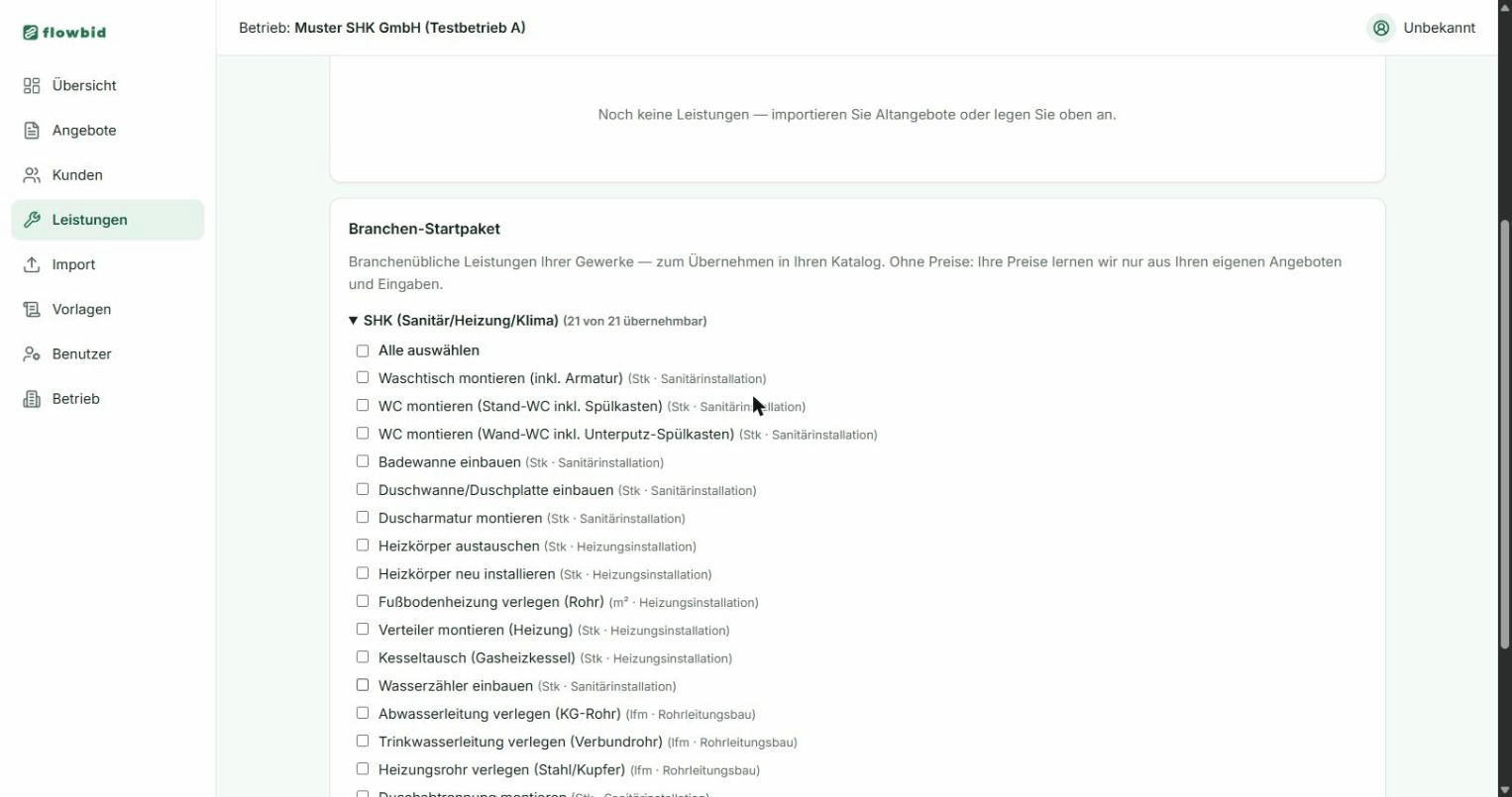 Die Karte Branchen-Startpaket mit aufgeklapptem Gewerk und Auswahl-Checkboxen