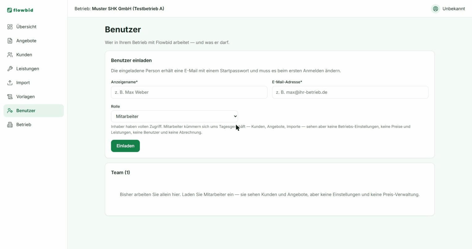Die Benutzerseite mit Einladen-Formular und Team-Tabelle